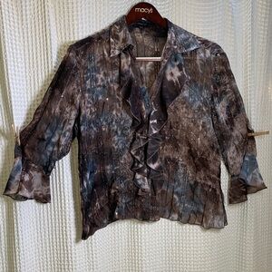 90s Vintage Women’s Ruffled Blouse in Brown and Black